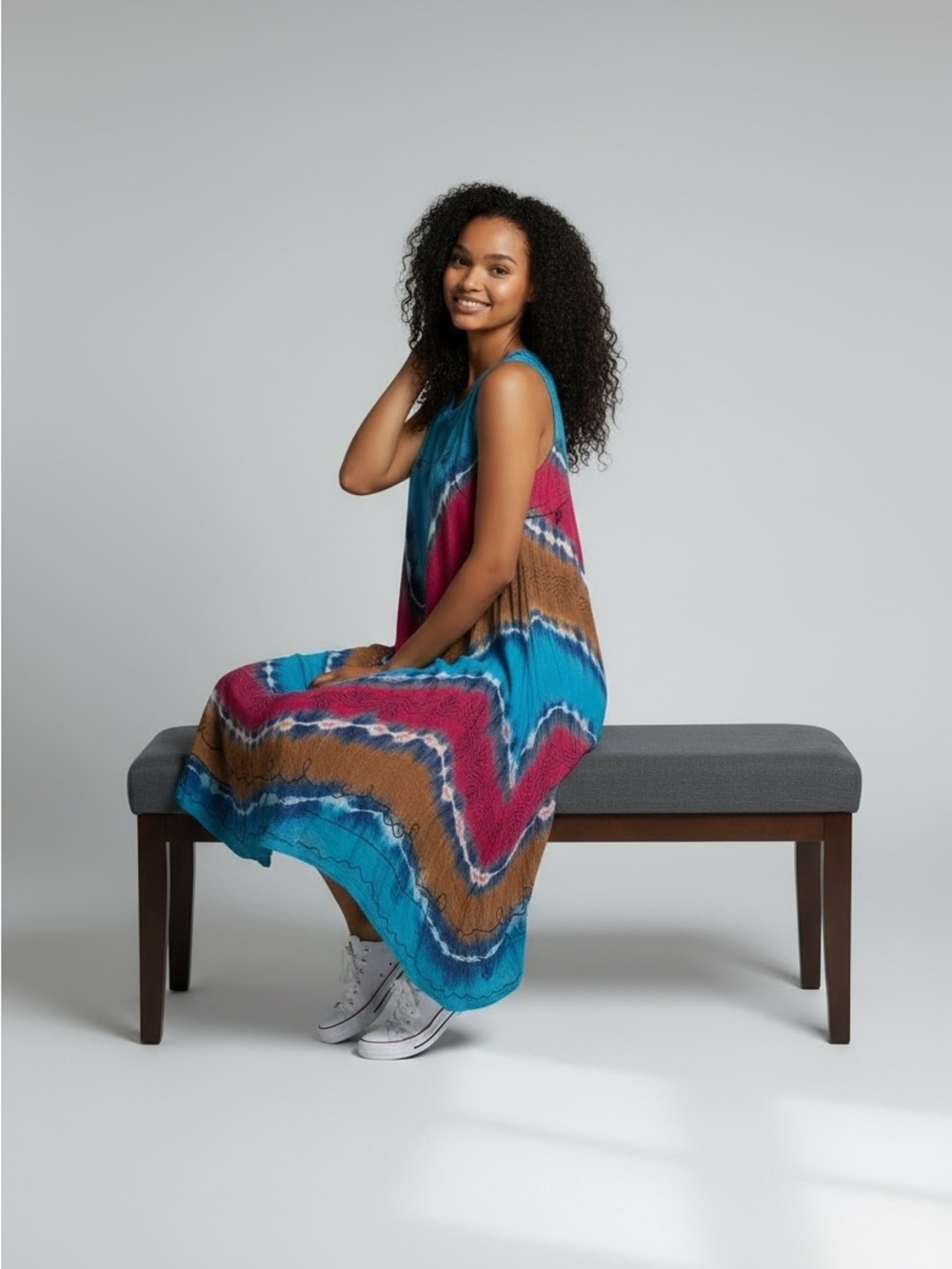ANANDA Bright Tie Dyed Dress, Airy, Flowing, Lightweight Viscose, Embroidered